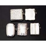 Five various shaped silver vesta cases, three plain bodies - Birmingham 1 x TB, 1911; 1 x JG,