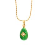 An 18ct yellow gold, enamel and diamond egg pendant, with blue and green guilloche enamel, set