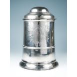 A George II Provincial silver lidded tankard, the double domed cover with scrolled thumpiece, S-