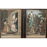 Pair of Georgian hand-coloured mezzotint engravings, 18th-century satires on fashion: 'What is