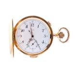 Invicta, a late 19th Century 18kt gold Invicta full hunter chronograph pocket watch, top wind with