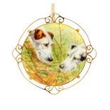 An Edwardian painted enamel and 9ct gold brooch, the painted scene depicting a pair of terriers,