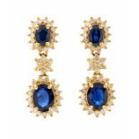 A pair of sapphire and diamond double cluster 18ct gold drop earrings, comprising four oval mixed