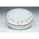 A Continental .935 silver mounted guilloche enamel large circular dressing table box and cover,  the