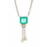 An emerald and diamond negligee necklace, with double tassel drop, the Columbia octagonal cut