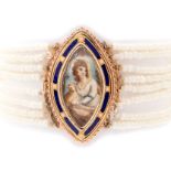 A George III gold, enamel and seed pearl mourning bracelet, the central gold navette shaped clasp