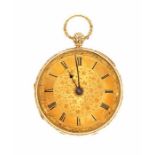 A Victorian lady's 18ct gold open faced key wind pocket watch, 3.5cm bright cut dial with Roman