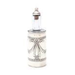 A George V Neo-Classical style cylindrical silver scent bottle holder together with plain glass