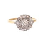 A diamond and 14ct gold cluster ring, the central rub-over set round brilliant-cut diamond with a