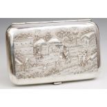 A late 19th Century Indian silver cigar case, the body chased with village scape and figures in high