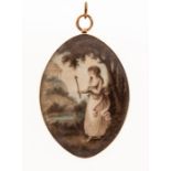 An 18th century navette shaped gold framed mourning pendant, the classical female stands holding a