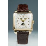 Omega, a circa 1940's gents 18kt gold Omega moonphase wristwatch, 3cm square silvered dial with