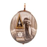 A George III gold oval mourning pendant, painted in sepia with a sorrowful figure before an urn on