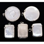 Five various shaped silver vesta cases, two circular one with mottled decoration Walker & Hall,