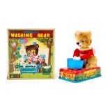 Washing Bear: A boxed, battery operated, tin and plush, Bubble Blowing Washing Bear, Made by