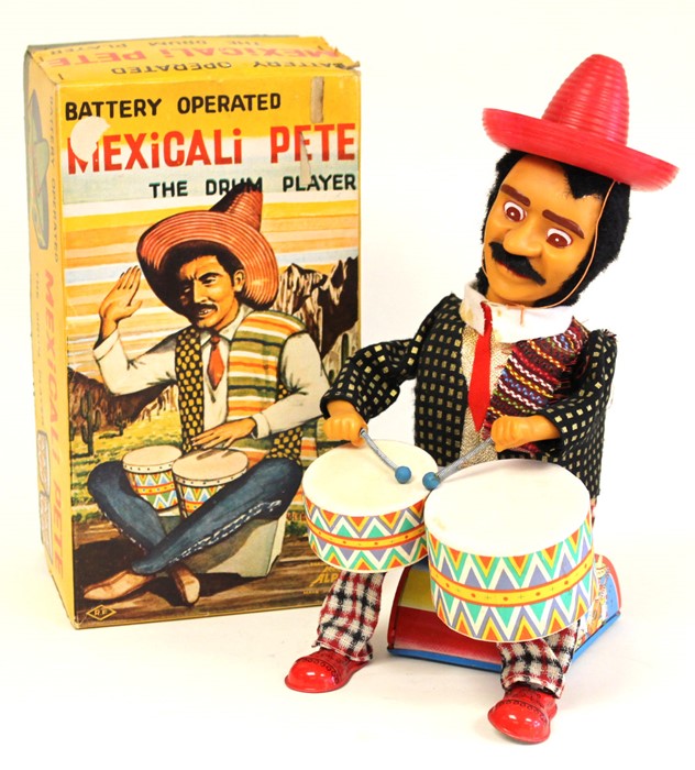 Mexicali Pete: A boxed, battery operated, tinplate, Mexicali Pete: The Drum Player, rare item,