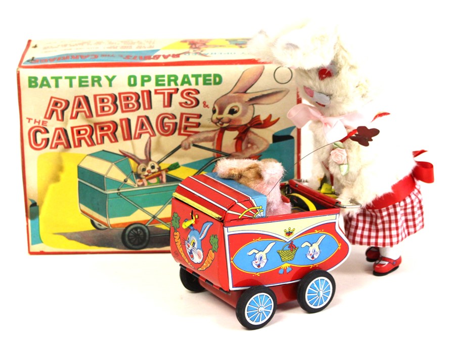 Rabbits & The Carriage: A boxed, battery operated, tinplate, Rabbits & The Carriage, Made by S&E,