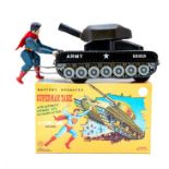 Superman Tank: A boxed, battery operated, tinplate, Superman Tank, with Automatic Forward and