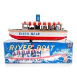 River Boat: A boxed, battery operated, tinplate, River Boat, Made by Marusan, Japan, length