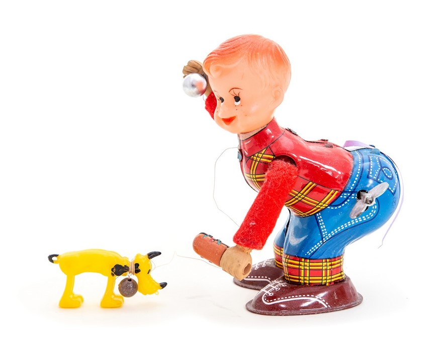 Boy with Walking Dog: A clockwork, tinplate, Mechanical Boy with Walking Dog, Made by Yonezawa,