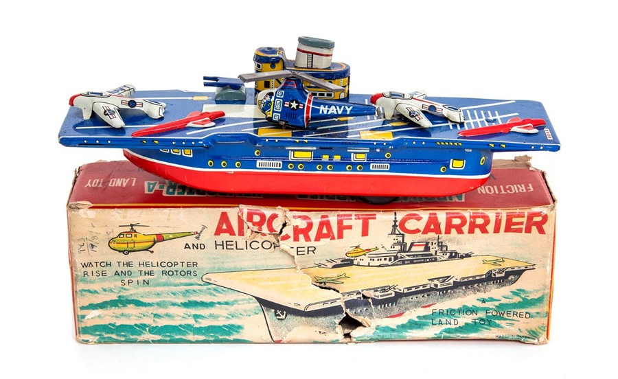 Aircraft Carrier: A boxed, tinplate, Friction Aircraft Carrier and Helicopter, Made in Japan,