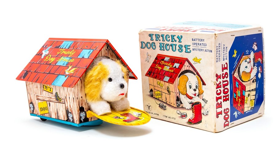 Tricky Dog House: A boxed, battery operated, tinplate, Tricky Dog House, mystery action, Made by