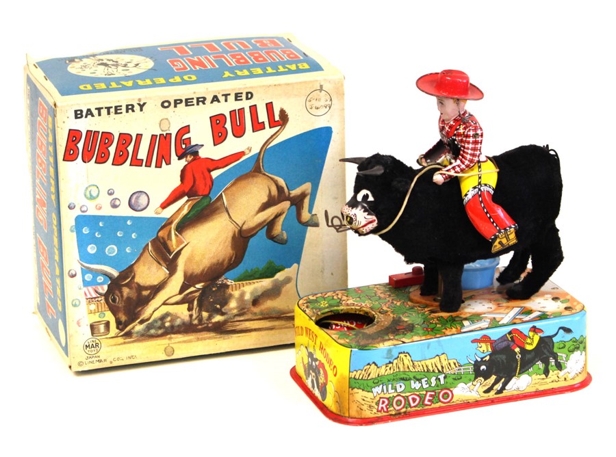 Bubbling Bull: A boxed, battery operated, tinplate, Bubbling Bull, Made by Linemar, Japan,