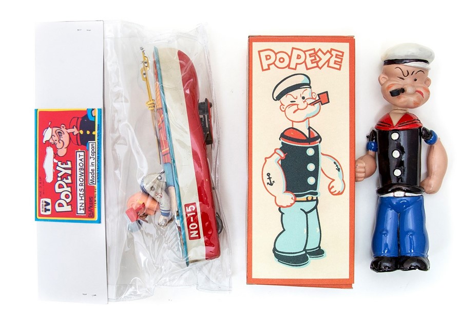 Popeye: A boxed, celluloid, wind-up Popeye, Made by King Features, complete within reproduction box,