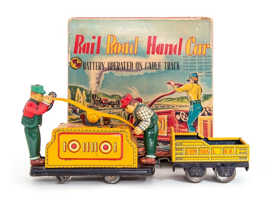 Rail Road Hand Car: A boxed, battery operated, tinplate, Rail Road Hand Car on Cable Track, Made