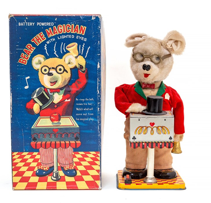 Bear The Magician: A boxed mid-20th century, battery operated, tinplate, Bear the Magician with