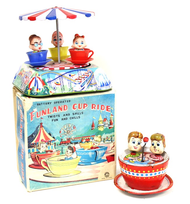 Funland Cup Ride: A boxed 1960's, battery operated, tinplate, Funland Cup Ride, Made by Kanto