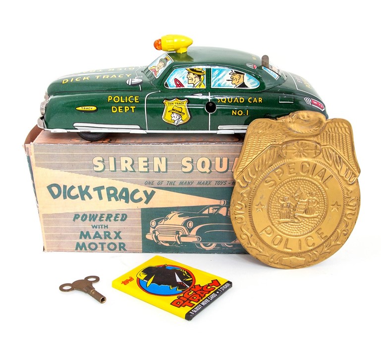 Siren Squad Car: A boxed, tinplate, Dick Tracy Siren Squad Car, Made by Marx, complete within