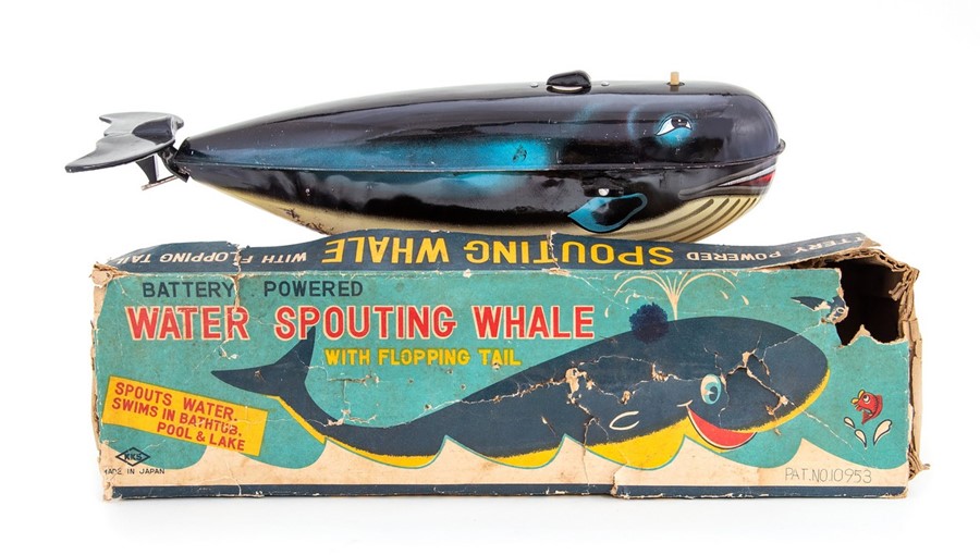 Spouting Whale: A boxed, battery operated, tinplate, Spouting Whale with Flopping Tail, Made by KKS,