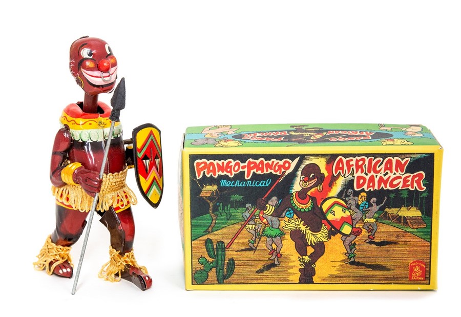 Pango Pango: A boxed, tinplate, clockwork, Pango Pango the African Dancer, Made by Tokyo Playthings,