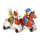 TT Toys: A pair of unboxed, mid-20th century, friction, tinplate comprising: Cowboy on Horse, height