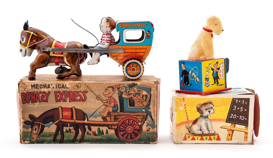 Donkey Express: A boxed, clockwork, tinplate, Mechanical Donkey Express, Made by Haji, Japan,