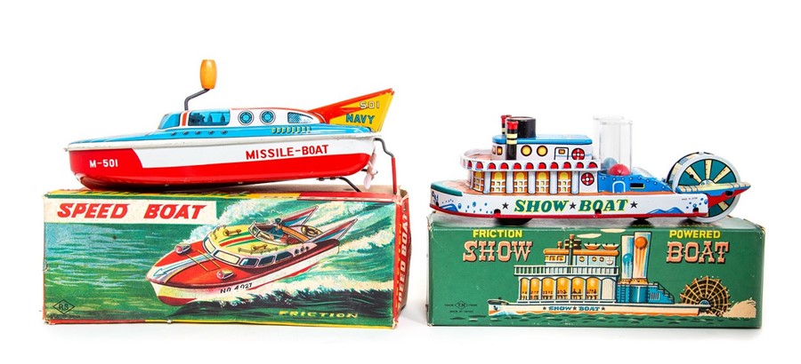 Show Boat: A boxed, tinplate, Friction Powered Show Boat, Made by Nomura (T.N), Japan, complete