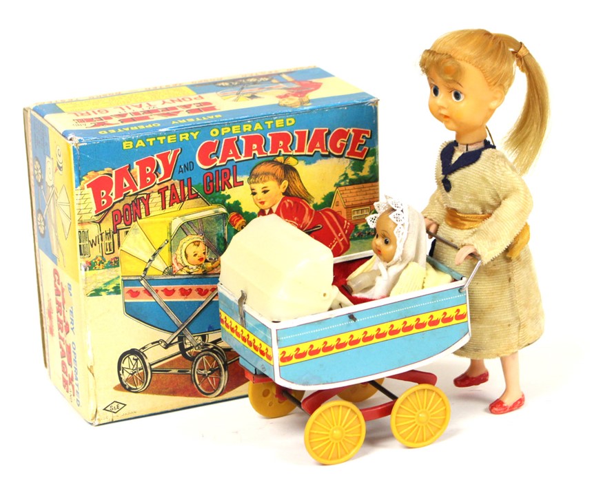 S&E: A Suzuki & Edward, Japan for Rosko, Baby and Carriage with Pony Tail Girl, battery operated, in