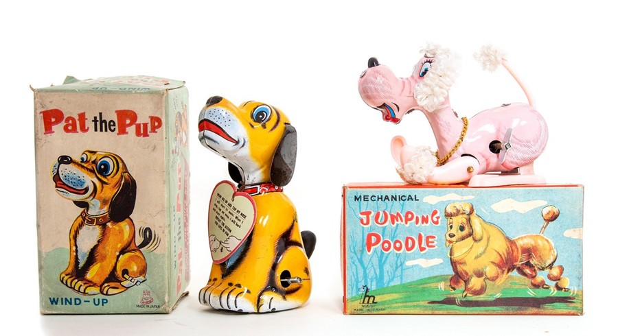 Pat the Pup: A boxed, wind-up, tinplate, Pat the Pup, Made by Tokyo Playthings, Japan, complete