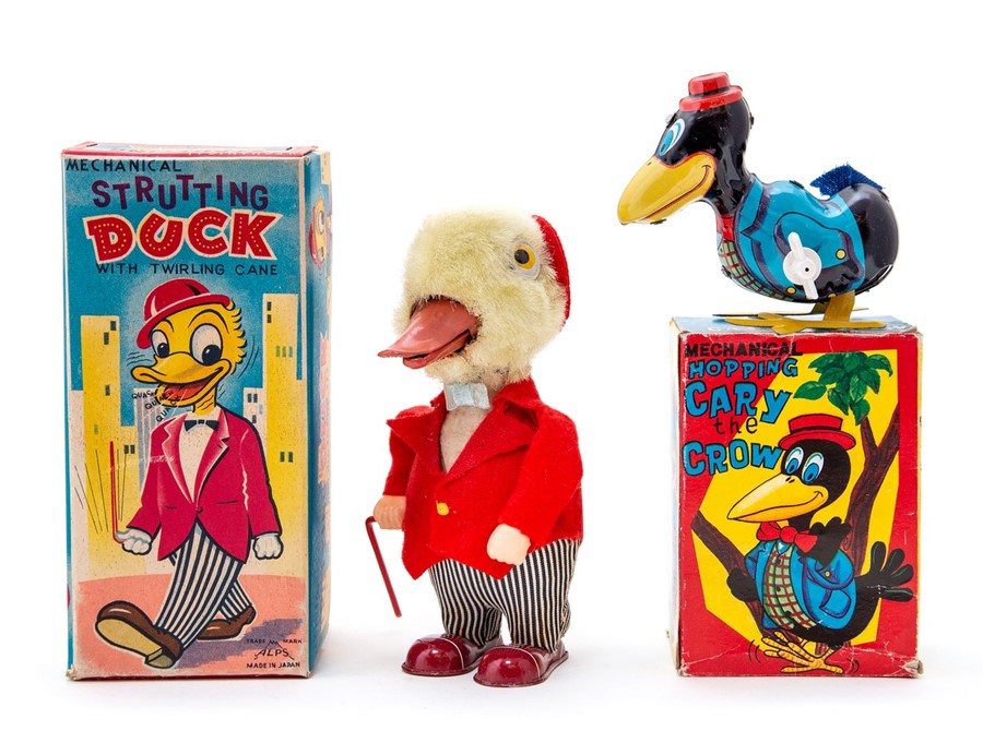 Strutting Duck: A boxed, mechanical, tin and fur, Strutting Duck with Twirling Cane, Made by Alps,