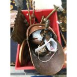 A collection of brass ware, copper to include; fire irons, lamps, candlesticks, coal scuttle and