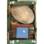 A collection of plated flatwares, boxed and unboxed including tray