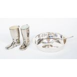 A pair of silver plated boots and Angora nursery bowl and spoon