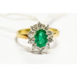 An 18ct yellow gold, emerald and diamond cluster ring, the oval cut emerald approx 8.24mm x 6mm x