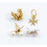 A pair of 9ct gold and pearl stud earrings; another pair of pearl stud earrings; and a pair of white