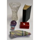 A lot containing a red lacquered box and cover, two glass paperweights, cut glass vase, beaded