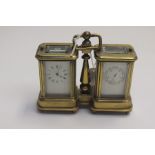 An unusual miniature brass cased compendium carriage clock and barometer, possibly French, circa