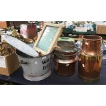 A collection of brass and copper items, milk churns and hand washing items