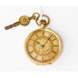 A small 18ct gold pocket watch, gold tone foliate dial, diameter approx 32mm, case diameter approx
