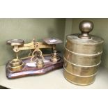 Brass weight lidded jar along with postal scales, Victorian